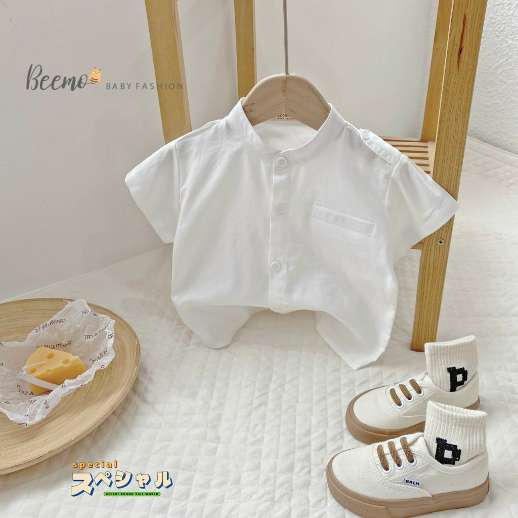 Áo sơ mi cổ trụ trơn màu bé trai, áo sơ mi đũi mềm mát cá tính cho bé Beemo