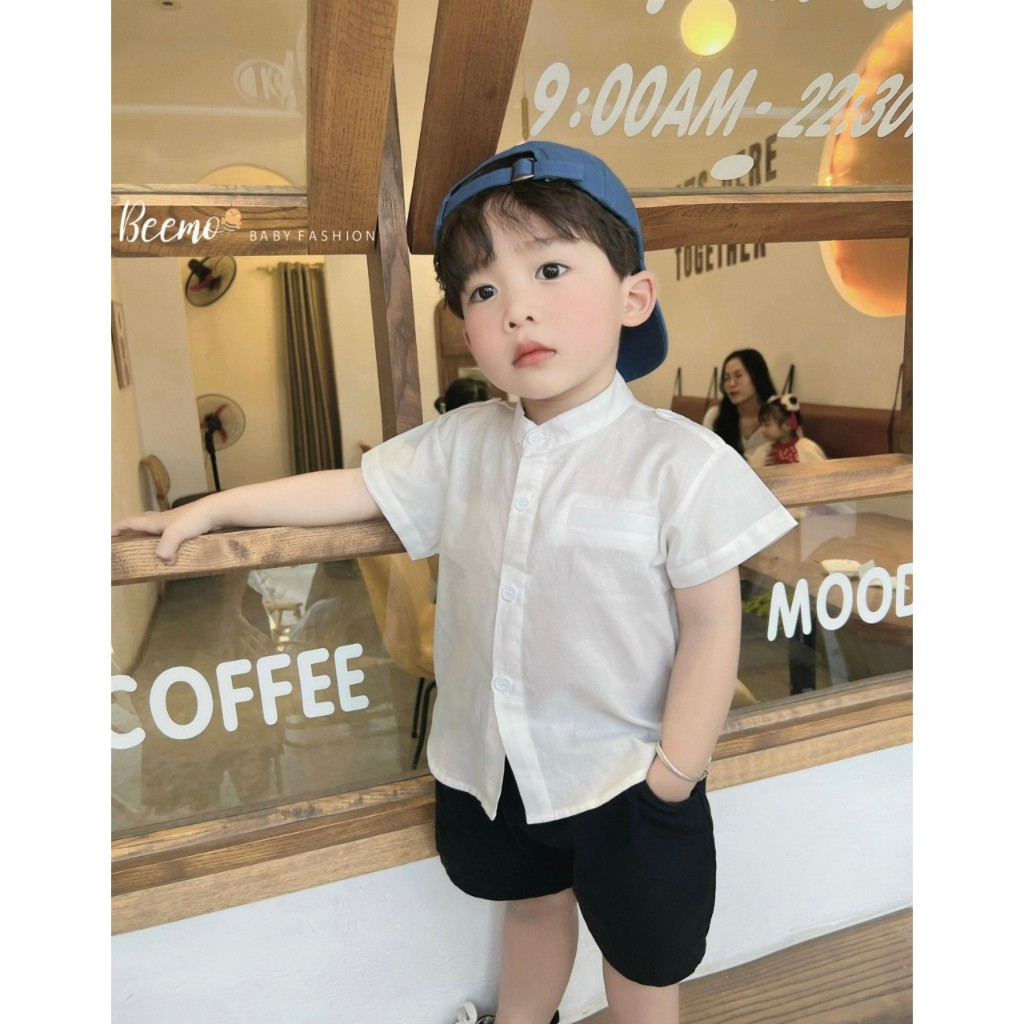 Áo sơ mi cổ trụ trơn màu bé trai, áo sơ mi đũi mềm mát cá tính cho bé Beemo
