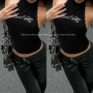Áo yếm sát nách thun cotton màu đen viền ren hở lưng đính chữ đá sexy cá tính phong cách đường phố ASN009 - Tiktik