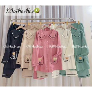 Bộ bầu - bộ sau sinh - BỘ ĐŨI GÂN DÀI CỔ SEN HAI TÚI GẤU NƠ ĐEN - 5 MÀU