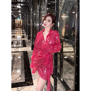 Đầm Kim Sa Hồng Dáng Quấn Tay Dài Sang Trọng Phong Cách Tiểu Thư Dự Tiệc Nổi Bật