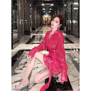 Đầm Kim Sa Hồng Dáng Quấn Tay Dài Sang Trọng Phong Cách Tiểu Thư Dự Tiệc Nổi Bật