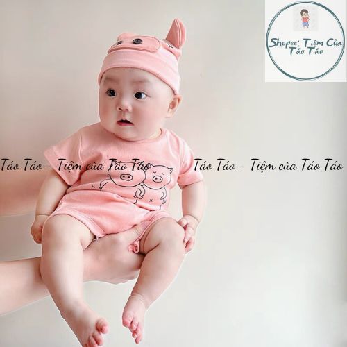 ( HÀNG CÓ SẴN )Set bộ bodysuit cover Heo Hồng kèm mũ TẶNG KÈM TẤT HỒNG cho bé 5-13kg