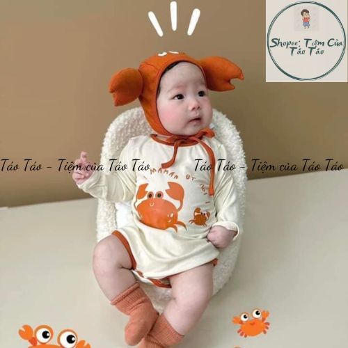 (HÀNG CÓ SẴN )Set bộ bodysuit cover Cua kèm mũ TẶNG KÈM TẤT cho em bé Hàn Quốc 5-13kg dễ thương cute Cho Bé