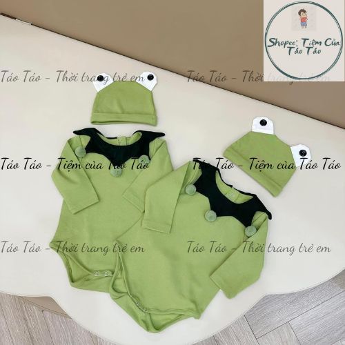 (HÀNG CÓ SẴN) Set bộ body dài tay, ngắn tay cover Ếch xanh kèm mũ TẶNG TẤT XANH cho em bé Hàn Quốc bé từ 5-13kg