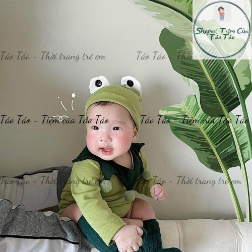 (HÀNG CÓ SẴN) Set bộ body dài tay, ngắn tay cover Ếch xanh kèm mũ TẶNG TẤT XANH cho em bé Hàn Quốc bé từ 5-13kg