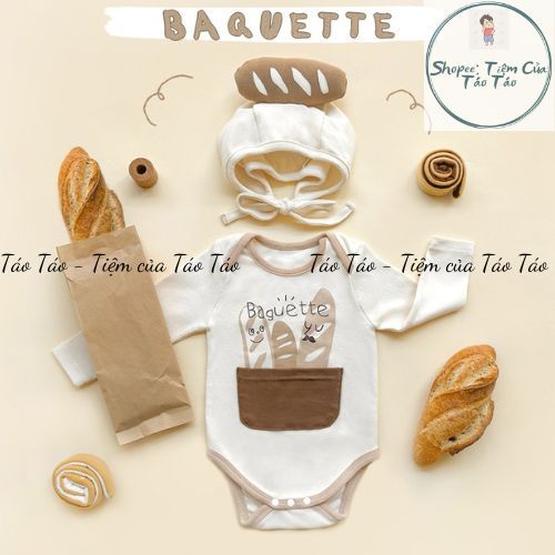 (HÀNG CÓ SẴN) Set bộ body dài tay, ngắn tay cover Bánh Mỳ kèm mũ TẶNG TẤT TRẮNG cho em bé  từ 5-13kg