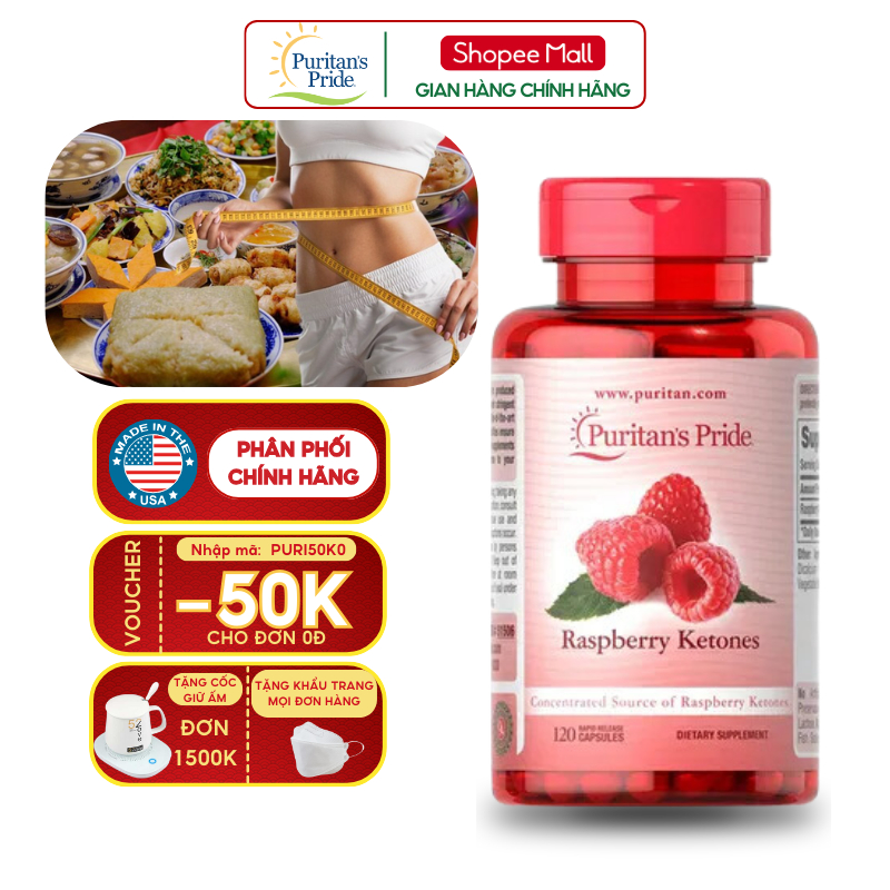 Hỗ trợ giảm cân đẹp dáng, giảm lượng cholesterol trong máu Raspberry Ketones 100mg 120 viên Puritan’s Pride của Mỹ