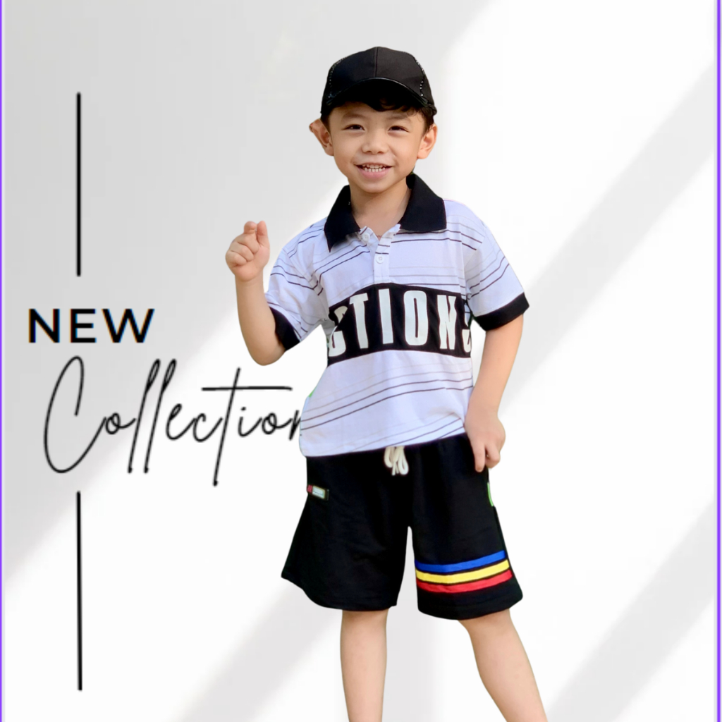 Bộ Polo bé trai JJ Kids, set áo thun polo cotton sọc in hình cá tính cho trẻ em 2 đến 12 tuổi