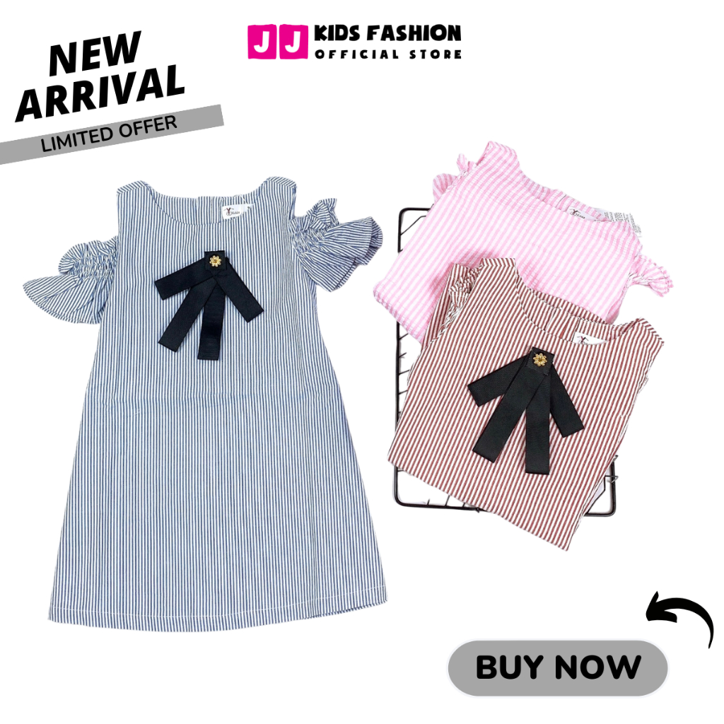Váy cho bé gái thiết kế rớt vai sang trọng kẻ sọc nhiều màu [FREESHIP EXTRA] - JJ Kids Fashion