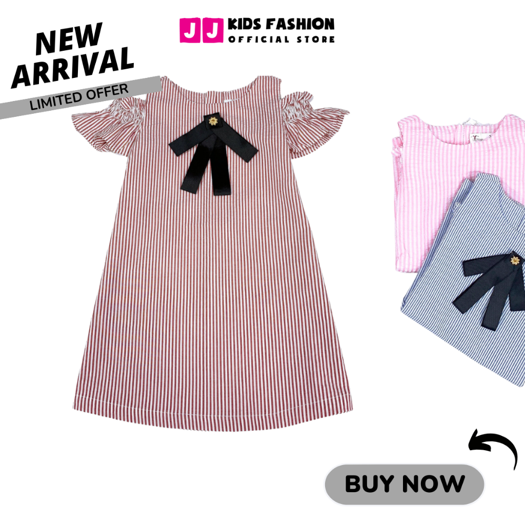 Váy cho bé gái thiết kế rớt vai sang trọng kẻ sọc nhiều màu [FREESHIP EXTRA] - JJ Kids Fashion