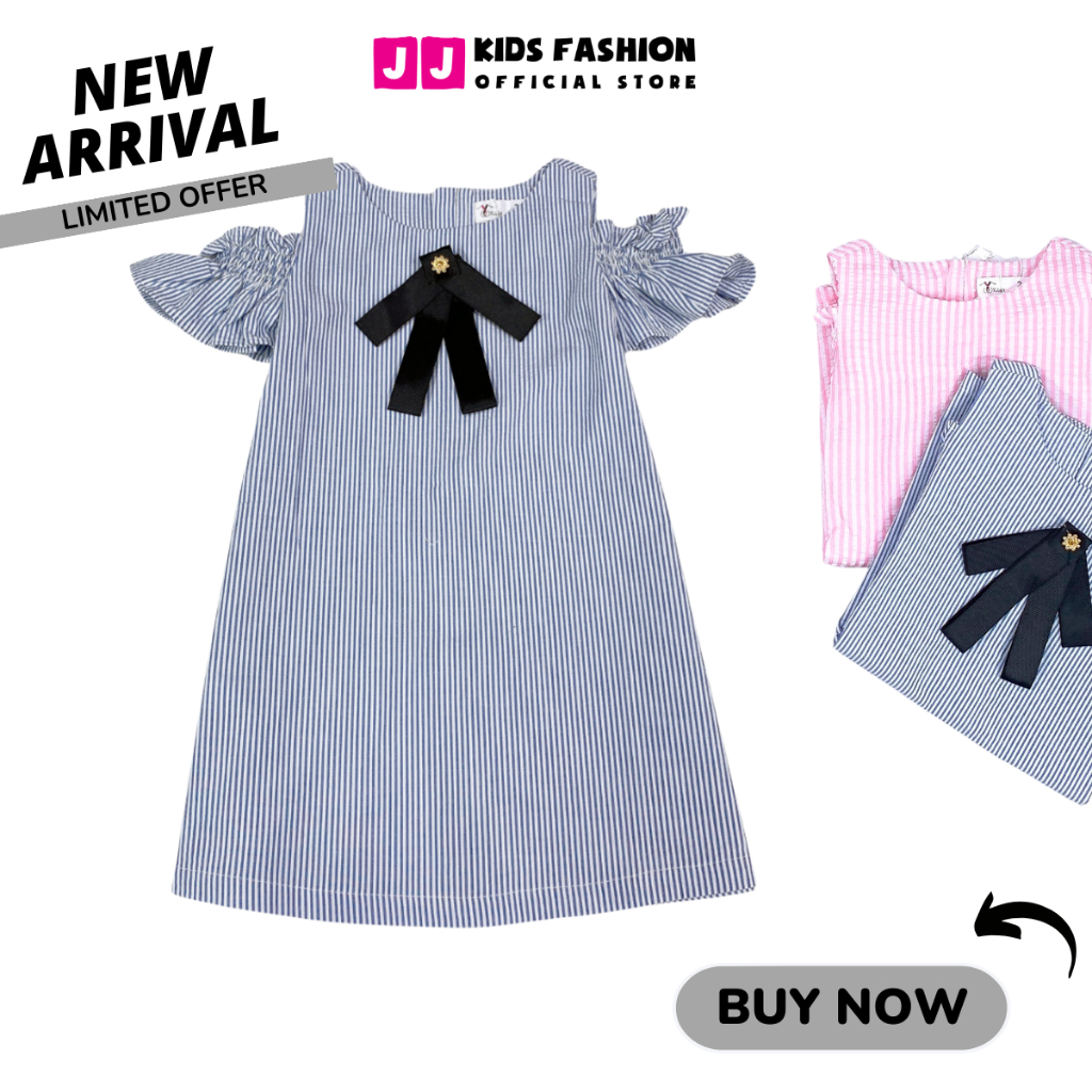 Váy cho bé gái thiết kế rớt vai sang trọng kẻ sọc nhiều màu [FREESHIP EXTRA] - JJ Kids Fashion