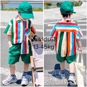 Set Đồ Bé Trai Siêu Hot - Áo Kẻ Sọc + Quần Short Xanh phong cách Hàn Quốc