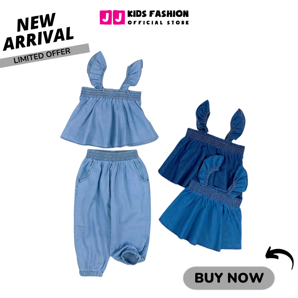 Set Denim Bé Gái tay cánh tiên quần bo ống thời trang cao cấp - BST Xuân 2024 | JJ Kids Fashion