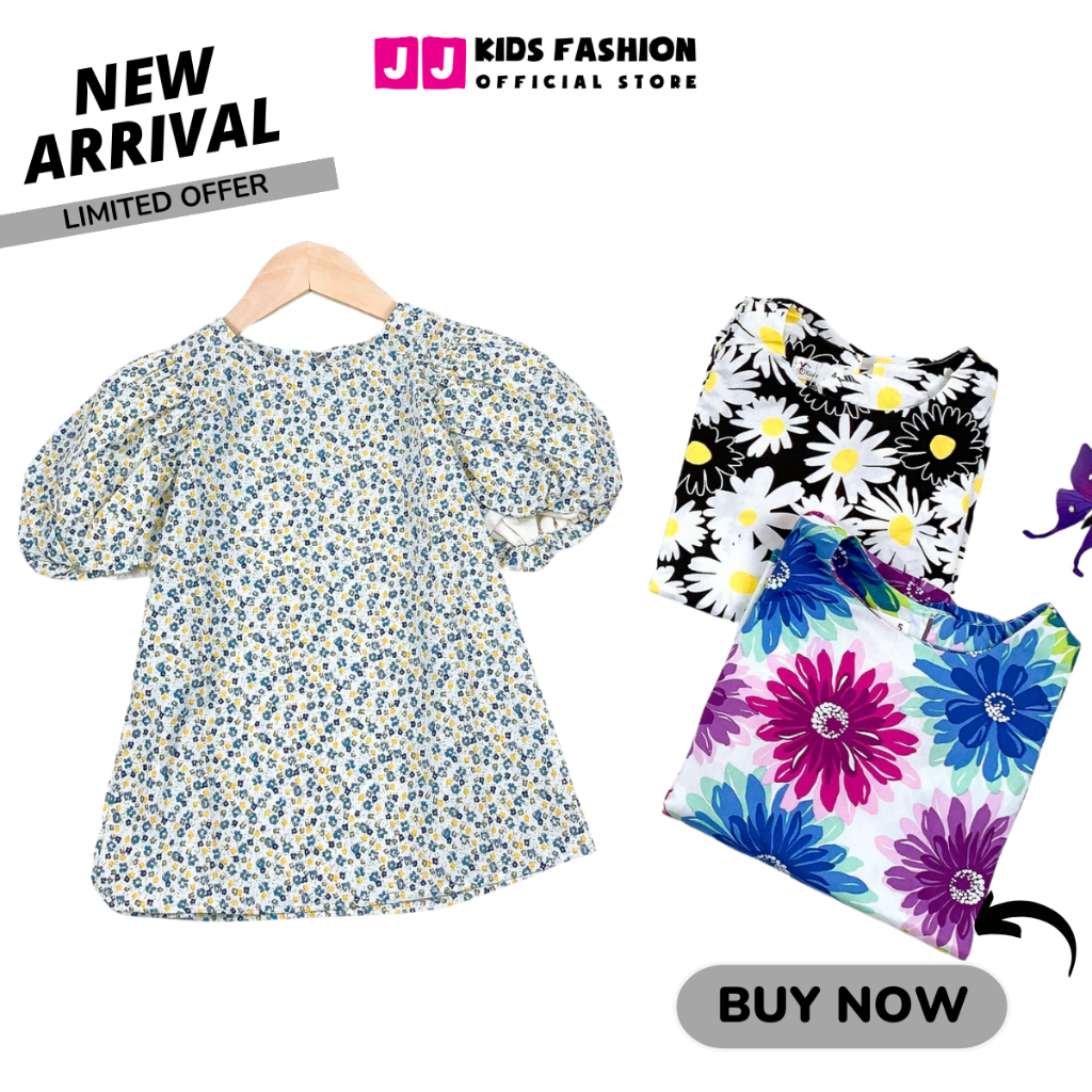 Váy cho bé gái thiết kế hoa cúc tay phồng chất vải kate - JJ Kids