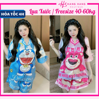 Đồ ngủ nữ 40-60kg, pijama đùi ngắn tay lỡ xẻ nơ lụa xước mềm mát 60CC08, đồ bộ nữ đồ mặc nhà tiểu thư dễ thương