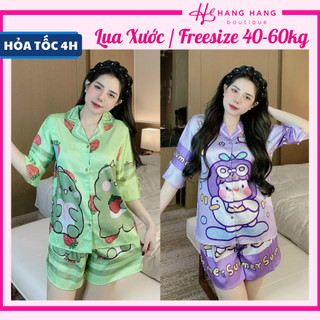 Đồ ngủ nữ 40-60kg, pijama đùi ngắn tay lỡ xẻ nơ lụa xước mềm mát 60CC08, đồ bộ nữ đồ mặc nhà tiểu thư dễ thương