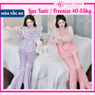 Đồ ngủ nữ 40-60kg, pijama dài tay voan cổ tròn viền bèo lụa xước mềm mát 60DD54, đồ bộ nữ đồ mặc nhà tiểu thư trơn