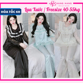 Đồ ngủ nữ 40-60kg, pijama dài tay voan cổ tròn viền bèo lụa xước mềm mát 60DD54, đồ bộ nữ đồ mặc nhà tiểu thư trơn