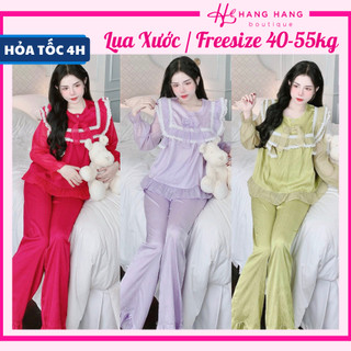 Đồ ngủ nữ 40-60kg, pijama dài tay voan cổ tròn viền bèo lụa xước mềm mát 60DD54, đồ bộ nữ đồ mặc nhà tiểu thư trơn