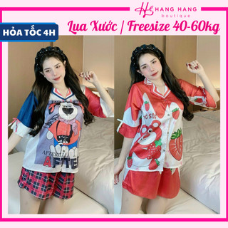 Đồ ngủ nữ 40-60kg, pijama đùi ngắn tay lỡ xẻ nơ lụa xước mềm mát 60CC08, đồ bộ nữ đồ mặc nhà tiểu thư dễ thương