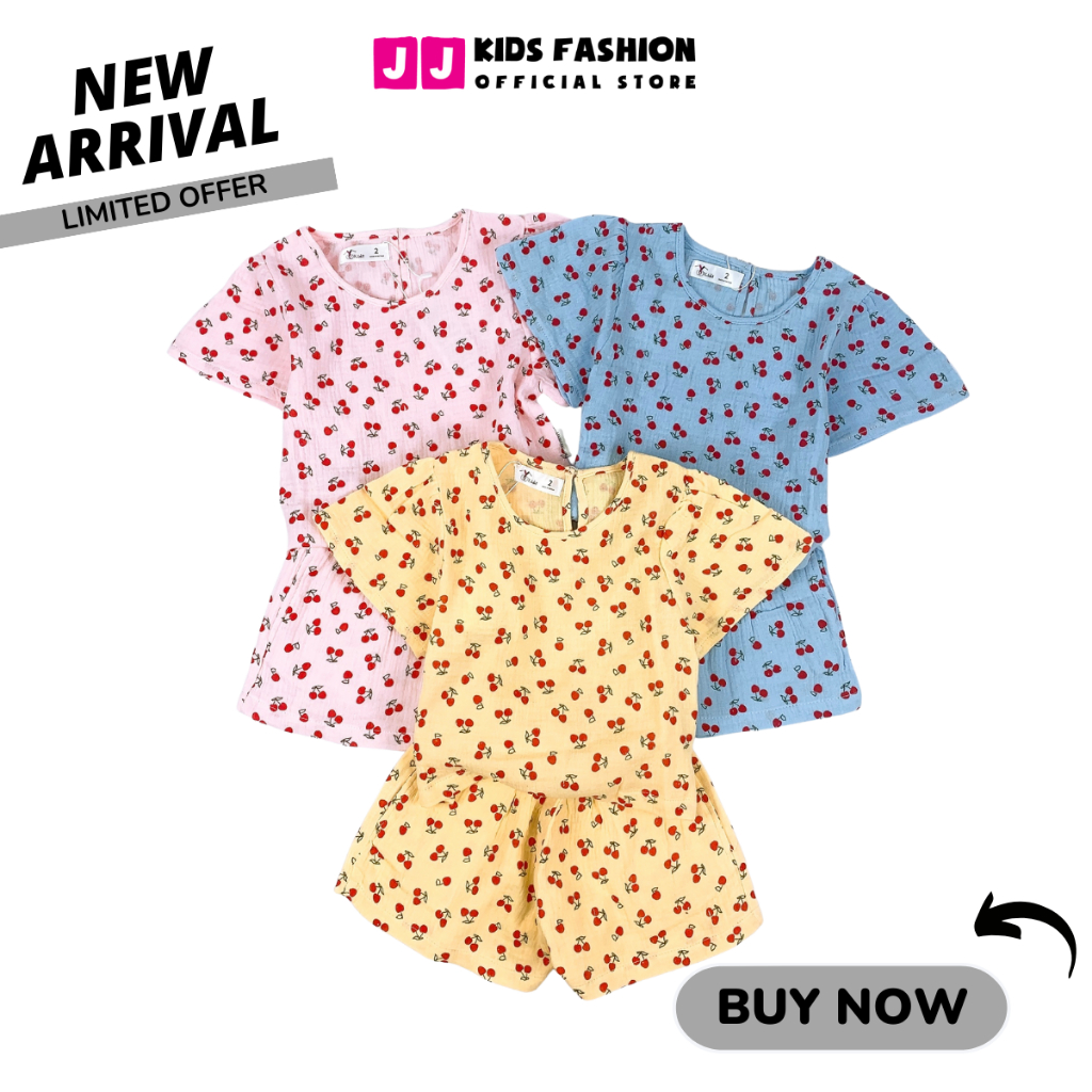 Bộ mùa hè cho bé gái JJ Kids, chất Musslin thiết kế cao cấp cho trẻ em 2,3,4,5,6,7,8,9,10,11,12 tuổi