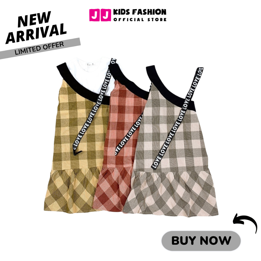 Váy mùa hè cho bé gái JJ Kids, thiết kế yếm sọc caro thời trang cao cấp cho trẻ em từ 5 đến 12 tuổi