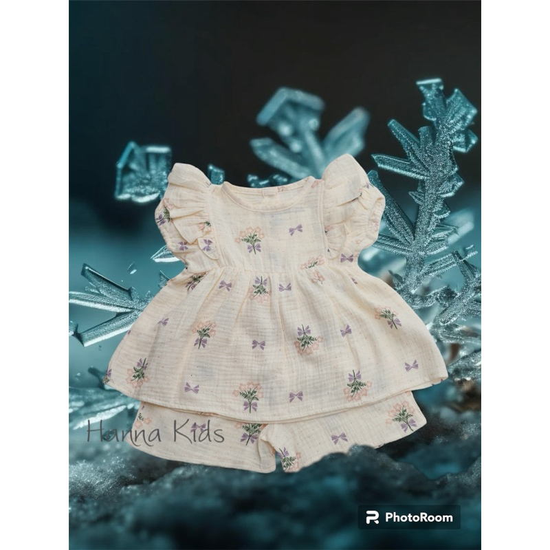 Bộ Quần Áo Bé Gái Mùa Hè Vải Xô Muslin, Áo Bèo Tay Cánh Tiên Kèm Quần Short - Bộ Xô Cộc Tay Cho Bé Từ 6-19Kg