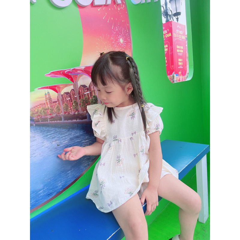Bộ Quần Áo Bé Gái Mùa Hè Vải Xô Muslin, Áo Bèo Tay Cánh Tiên Kèm Quần Short - Bộ Xô Cộc Tay Cho Bé Từ 6-19Kg