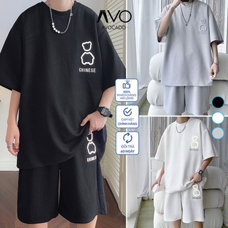 Đồ Bộ Quần áo Thể Thao Nam nữ mùa hè cộc tay mặc ở nhà không nhăn Chất Xốp hình Gấu co giãn cao cấp thoáng mát Avocado