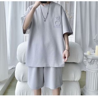 Đồ Bộ Quần áo Thể Thao Nam nữ mùa hè cộc tay mặc ở nhà không nhăn Chất Xốp hình Gấu co giãn cao cấp thoáng mát Avocado