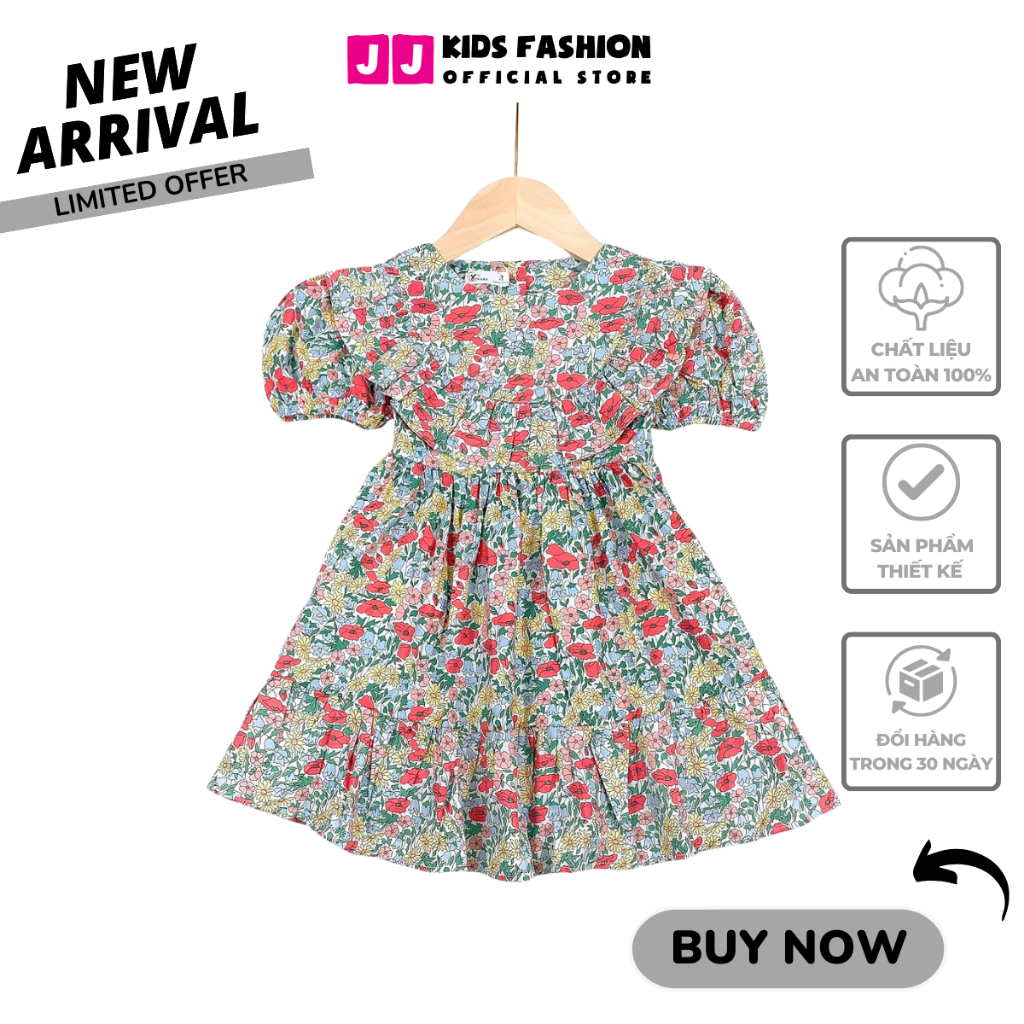 Váy mùa hè cho bé JJ Kids, chất vải kate họa tiết hoa xinh xắn cho trẻ em 2,3,4,5,6,7,8 tuổi