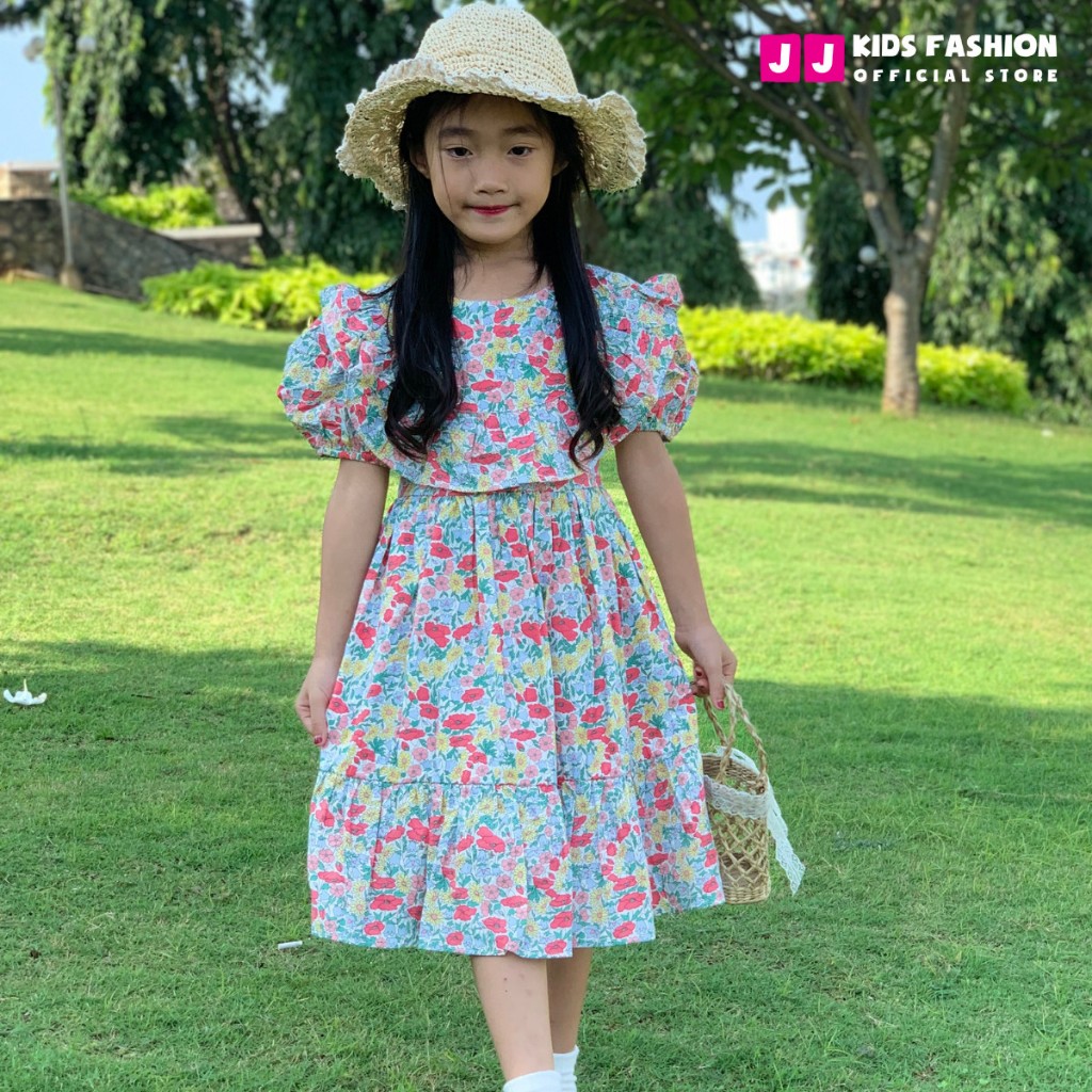 Váy mùa hè cho bé JJ Kids, chất vải kate họa tiết hoa xinh xắn cho trẻ em 2,3,4,5,6,7,8 tuổi