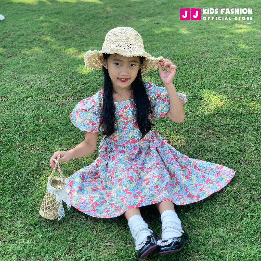 Váy mùa hè cho bé JJ Kids, chất vải kate họa tiết hoa xinh xắn cho trẻ em 2,3,4,5,6,7,8 tuổi