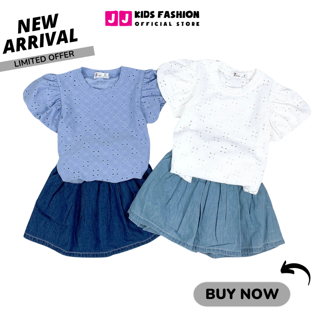 Váy mùa hè cho bé JJ Kids, váy đầm xòe Denim thêu hoa cao cấp cho trẻ em 2 đến 12 tuổi