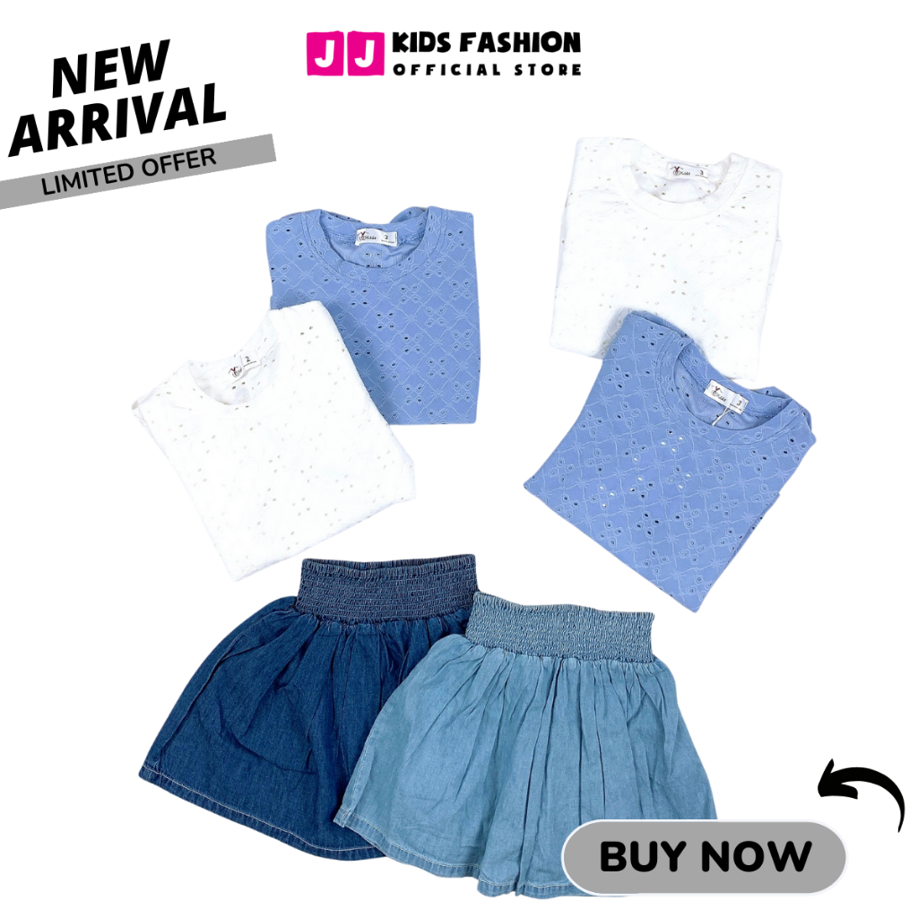 Váy mùa hè cho bé JJ Kids, váy đầm xòe Denim thêu hoa cao cấp cho trẻ em 2 đến 12 tuổi