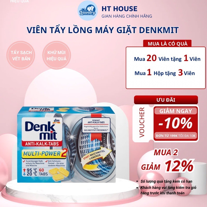 Viên tẩy lồng máy giặt Denkmit vệ sinh lồng giặt chính hãng nhập khẩu Đức diệt khuẩn, khử mùi hộp 60 viên