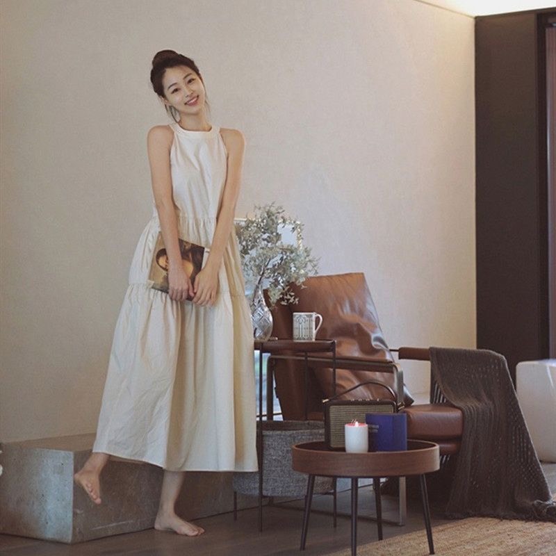 Váy đầm Babydoll thiết kế cổ yếm dáng xuông dài, váy dài trắng basic phong cách Hàn Quốc MT33 SP100