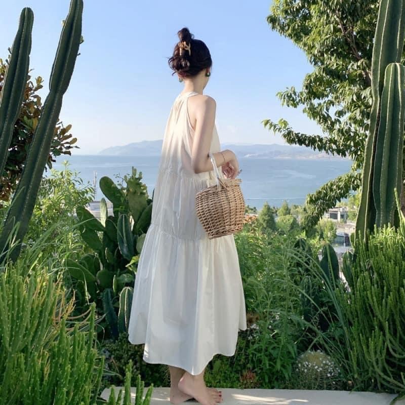 Váy đầm Babydoll thiết kế cổ yếm dáng xuông dài, váy dài trắng basic phong cách Hàn Quốc MT33 SP100