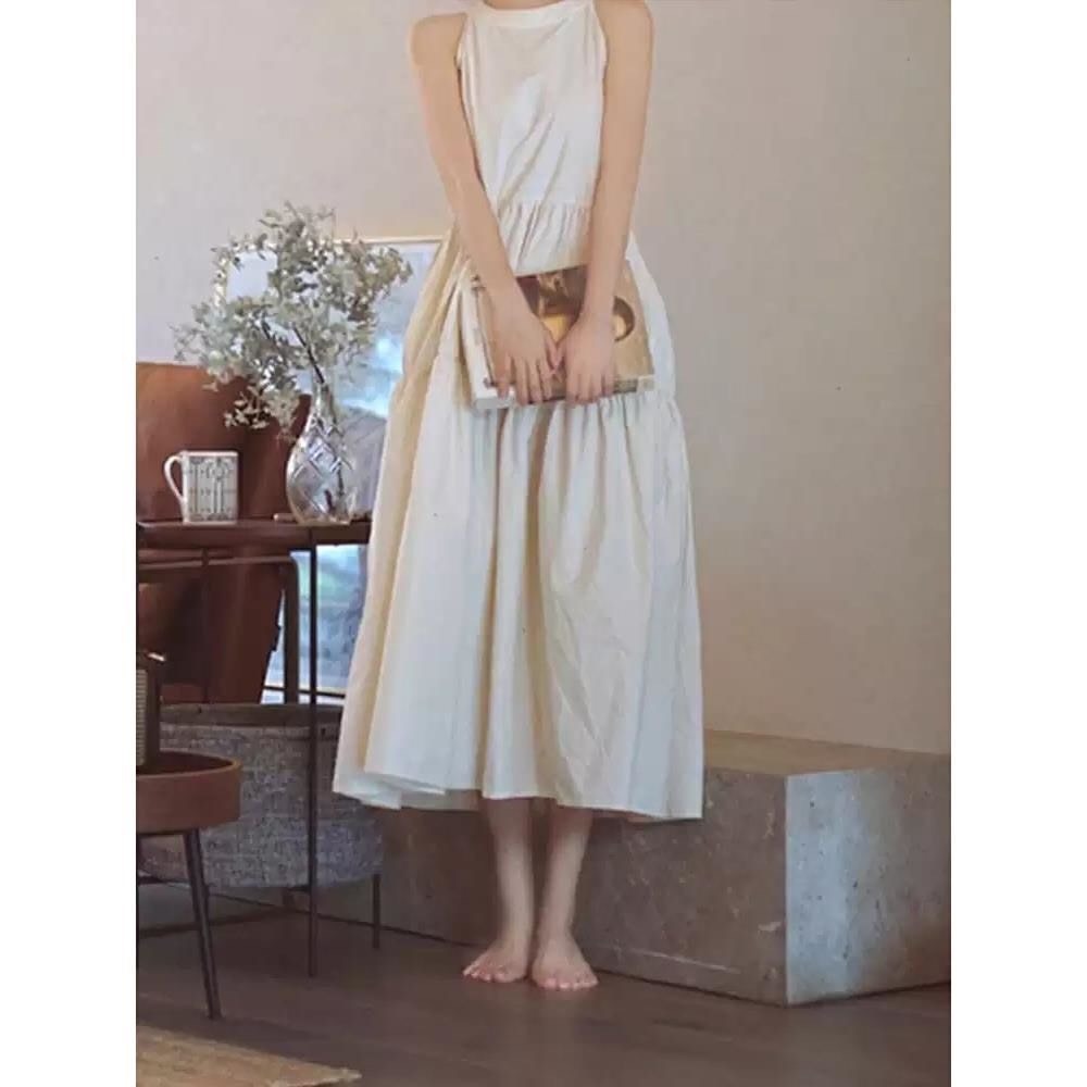Váy đầm Babydoll thiết kế cổ yếm dáng xuông dài, váy dài trắng basic phong cách Hàn Quốc MT33 SP100