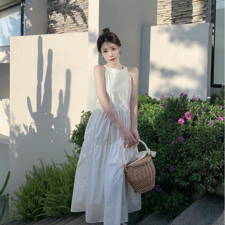 Váy đầm Babydoll thiết kế cổ yếm dáng xuông dài, váy dài trắng basic phong cách Hàn Quốc MT33 SP100