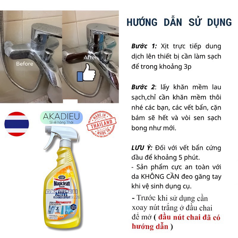 Xịt tẩy cặn nhà tắm Canxi,Inox Magiclean Thái Lan 500ml (tẩy kính,vòi sen,bồn sứ,chậu tắm ,gạch men,..)