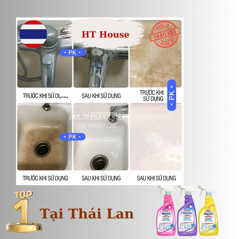 Xịt tẩy cặn nhà tắm Canxi,Inox Magiclean Thái Lan 500ml (tẩy kính,vòi sen,bồn sứ,chậu tắm ,gạch men,..)