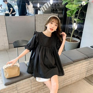 Áo bầu xinh, áo sơ mi bầu công sở bèo vai xếp li mềm thanh lịch tay cộc (Babydoll Bèo)