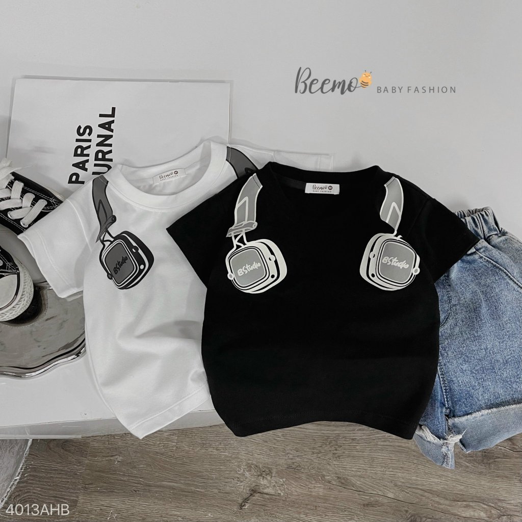 Áo phông cổ tròn in hoạ tiết tai nghe cá tính, áo thun cotton cổ tròn cộc tay basic cho bé Beeemo