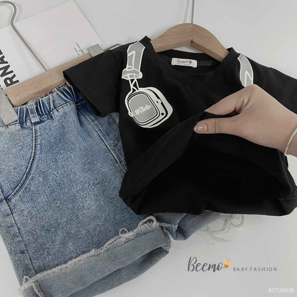 Áo phông cổ tròn in hoạ tiết tai nghe cá tính, áo thun cotton cổ tròn cộc tay basic cho bé Beeemo