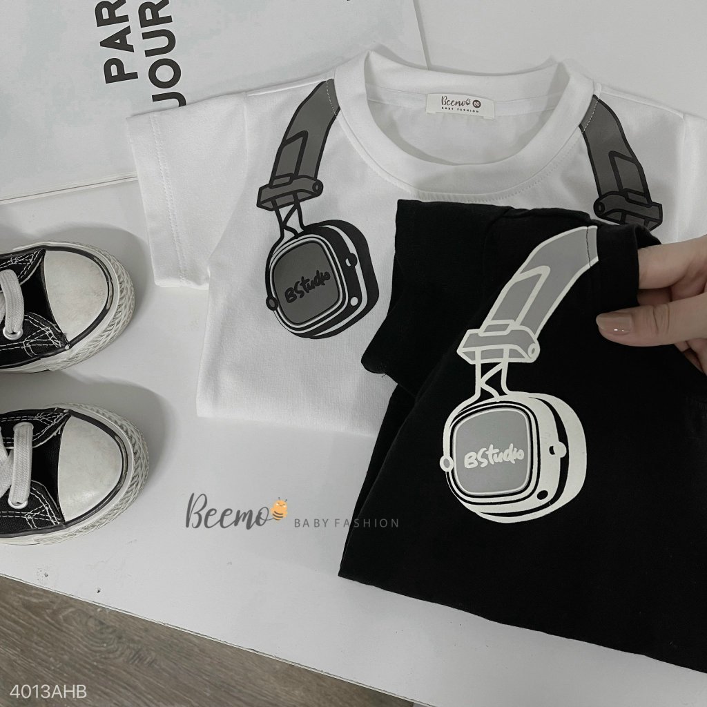 Áo phông cổ tròn in hoạ tiết tai nghe cá tính, áo thun cotton cổ tròn cộc tay basic cho bé Beeemo
