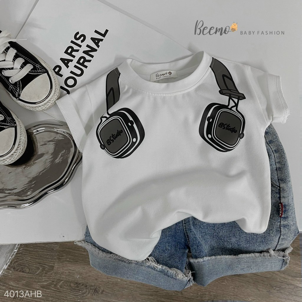 Áo phông cổ tròn in hoạ tiết tai nghe cá tính, áo thun cotton cổ tròn cộc tay basic cho bé Beeemo