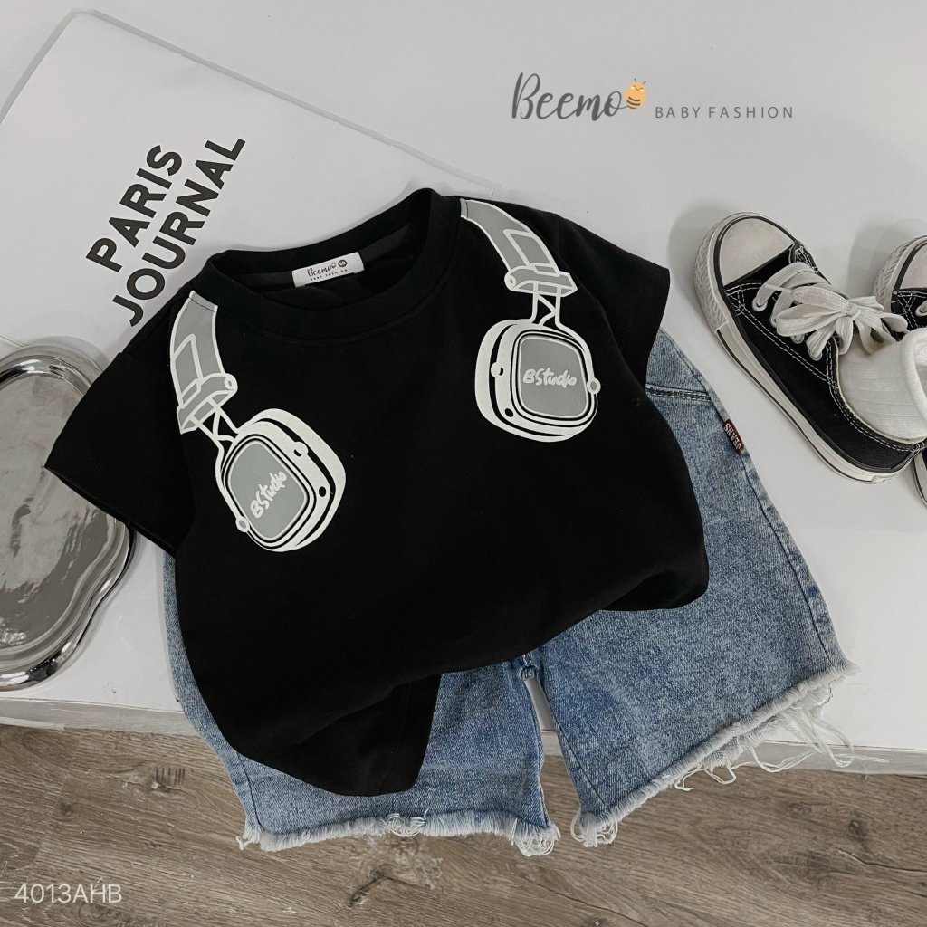 Áo phông cổ tròn in hoạ tiết tai nghe cá tính, áo thun cotton cổ tròn cộc tay basic cho bé Beeemo