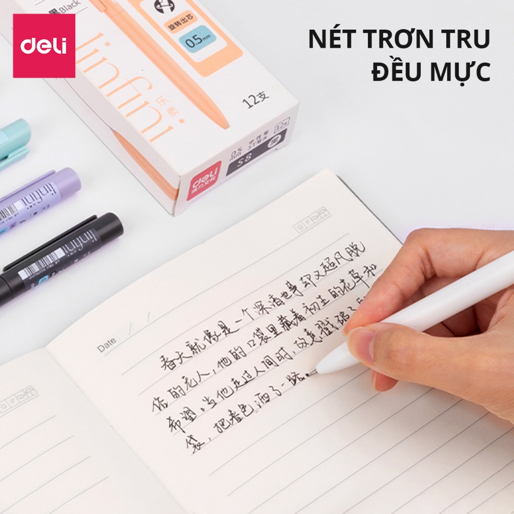 Bút Gel Mực Đen Dạng Xoay Tiện Lợi Chính Hãng Deli - Mực Nhanh Khô - Nét Trơn Tru - Ngòi Bi 0.5mm